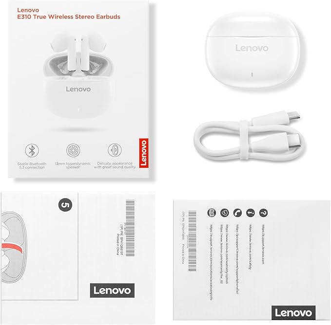 Lenovo E310 True Wireless Stereo Earbuds Bluetooth 5.3 ENC Noise-Cancelling with 13mm Speaker Type-C Charging 20h Battery Life for Music Calls Comfortable Fit Wireless - White-StrideForce Fitness