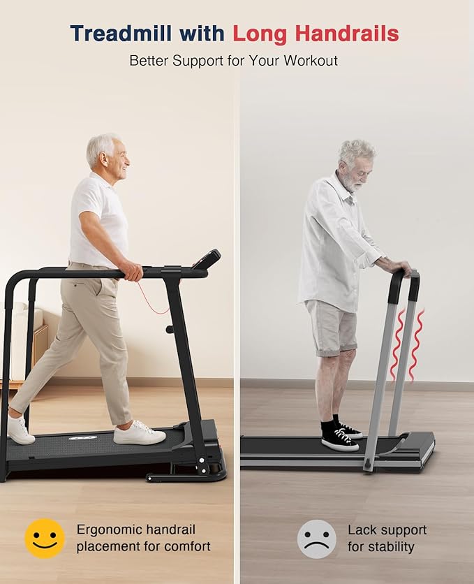Redliro Treadmill for Seniors with Long Handrails - 300 lbs Capacity Walking Treadmill for Elderly with Cup Holder - Recovery Machine for Home Use with Clear, Non-Scrolling Display (Black)-StrideForce Fitness