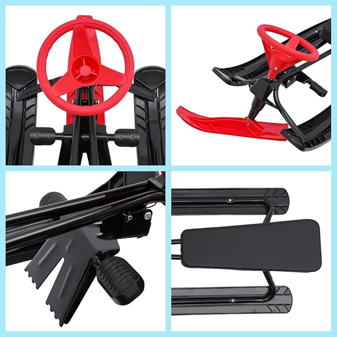 Snow Racer Sled, Ski Sled Slider Board with Steering Wheel, Twin Brakes, Anti-Slip Pedal, Snow Sled for Kids-StrideForce Fitness