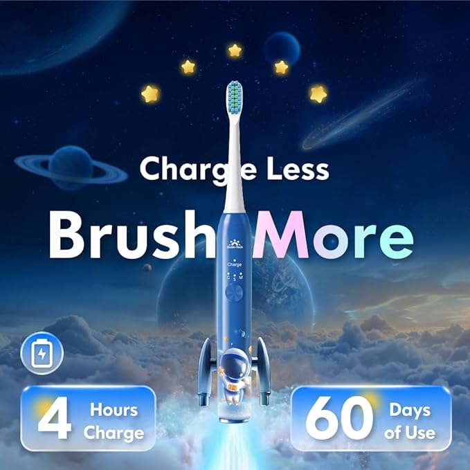 Electric Toothbrush Kids Age 3-5-7-8-12 Year Old, Childrens Electric Toothbrush Rechargeable with Timer 3 Modes 4 Vibrating Heads Habit Stickers 31000VPM Boys Electric Tooth brush (Astronaut Blue)