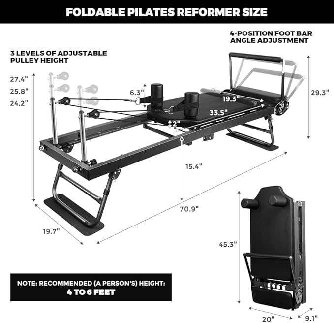 ONETWOFIT Pilates Reformer, Foldable Pilates Machine & Equipment for Home Gym Workout Suitable for Advanced and Beginners Max 440LBS Gray-StrideForce Fitness