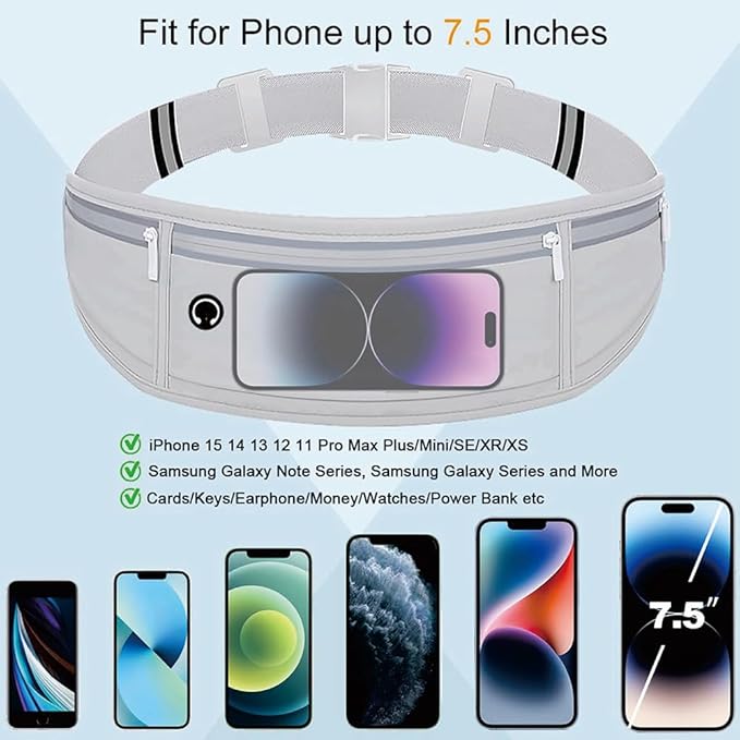 Running Belt for Women & Men - Slim Phone running belt with Water-Resistant Phone Holder, 3 pockets Adjustable Waist Strap, Reflective Safety Design for Running, Hiking, Travel，Fitness (Grey)-StrideForce Fitness