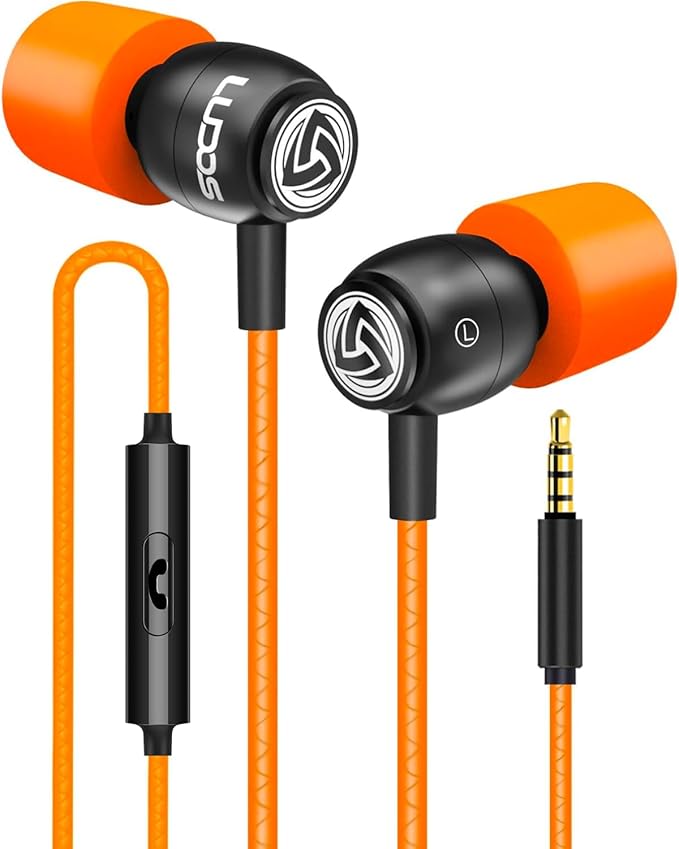 LUDOS Clamor Wired Earbuds in-Ear Headphones, 5 Years Warranty, Earphones with Microphone, Noise Isolating Ear Buds, Memory Foam for iPhone, Samsung, School Students, Kids, Women, Small Ears - Orange-StrideForce Fitness