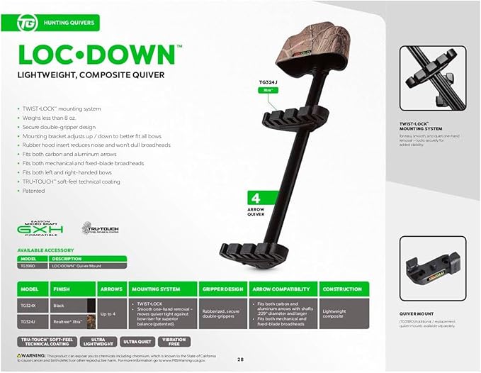 TRUGLO Loc-Down 4-Arrow Ultra-Quiet Lightweight Composite Vibration-Absorbing Left-Hand Convertible Bow Hunting Archery Quiver-StrideForce Fitness