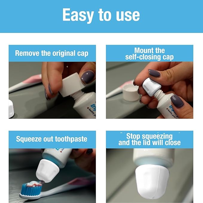Self Closing Toothpaste Caps 6-Pack by Tilcare - No Waste Cap Dispensers for Adult and Kids Bathroom - Mess-Free Toothpaste Lids - Easy to Use, Food Grade Silicone and BPA-Free Toppers - All White