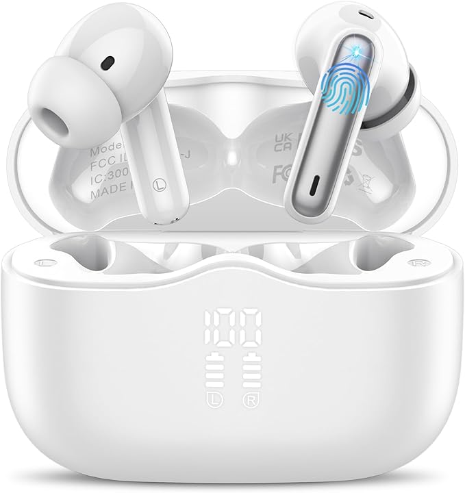Wireless Earbuds, Bluetooth 5.4 Headphones in Ear with 4 ENC Noise Cancelling Mic, New Wireless Earphones HiFi Stereo Deep Bass 40H Playtime, In-Ear Bluetooth Earbuds LED Display IP7 Waterproof, White-StrideForce Fitness