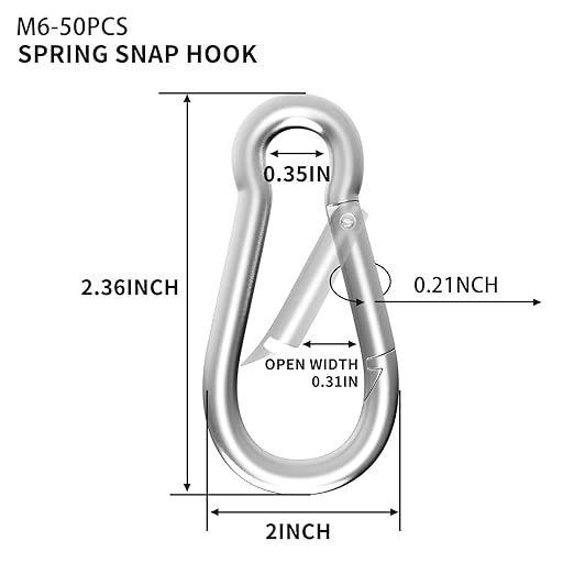 50PCS M6 Spring Snap Hook Carabiner, Heavy Duty Galvanized Steel Carabiner Clip, 260LBS Holding Capacity Spring Clips for Hammock Swing Outdoor Travel-StrideForce Fitness