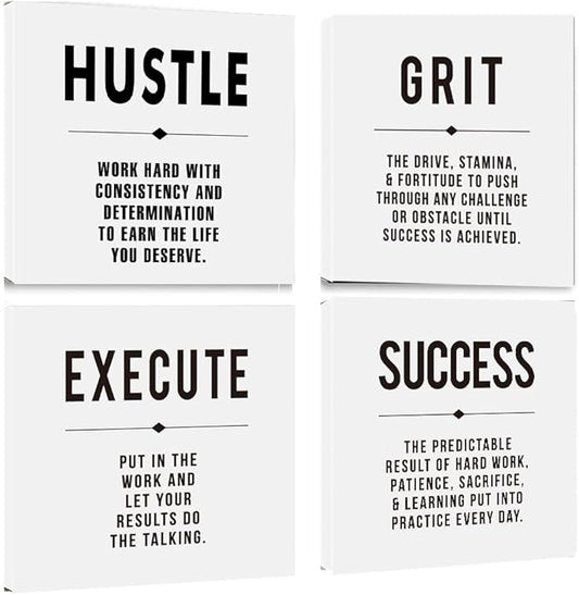 Motivational Grit Success Execute Hustle White Quotes Canvas Wall Art -Inspirational Wall Art Poster Canvas Artwork Picture Print Framed for Home Bedroom-16 x16in x4pcs-StrideForce Fitness