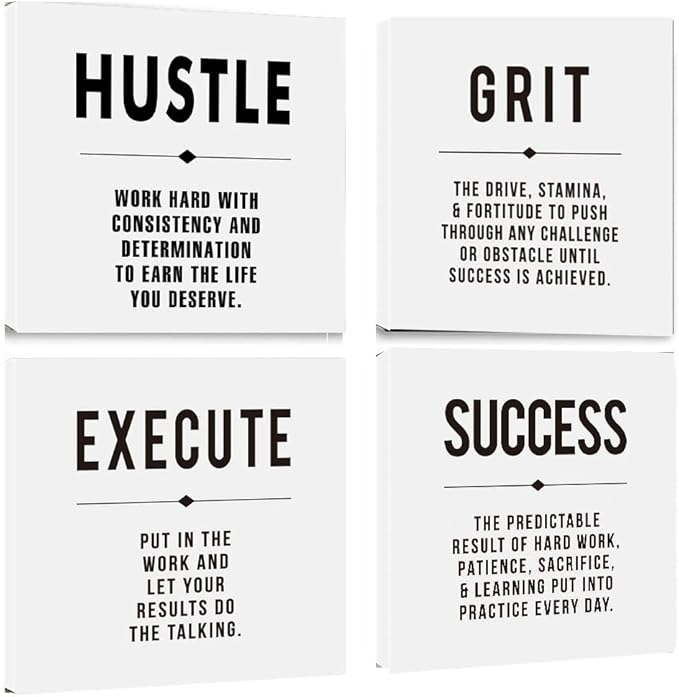 Motivational Grit Success Execute Hustle White Quotes Canvas Wall Art -Inspirational Wall Art Poster Canvas Artwork Picture Print Framed for Home Bedroom-12 x12 x4pcs-StrideForce Fitness
