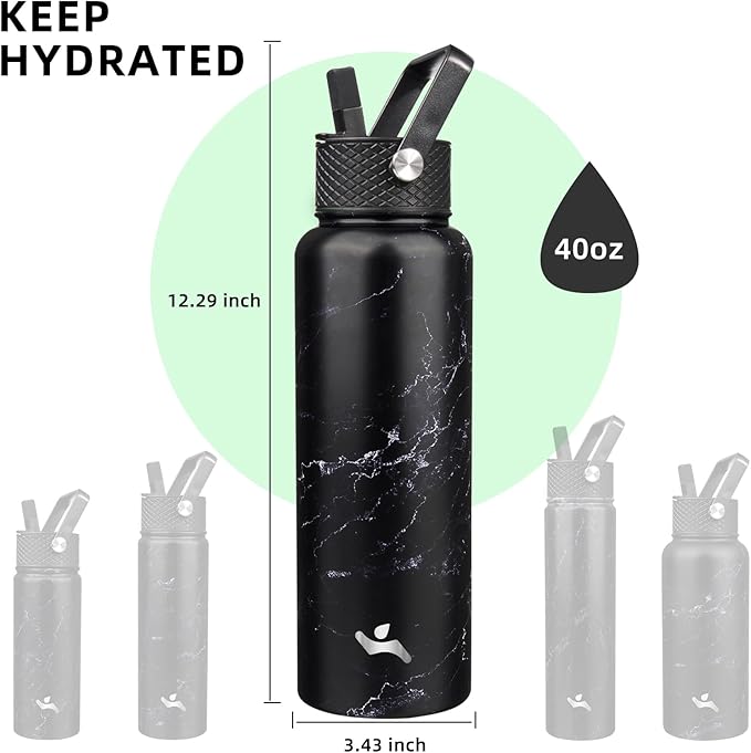 40oz Insulated Water Bottle Stainless Steel Sport Bottles with 3 Lids,Marble Midnight-StrideForce Fitness