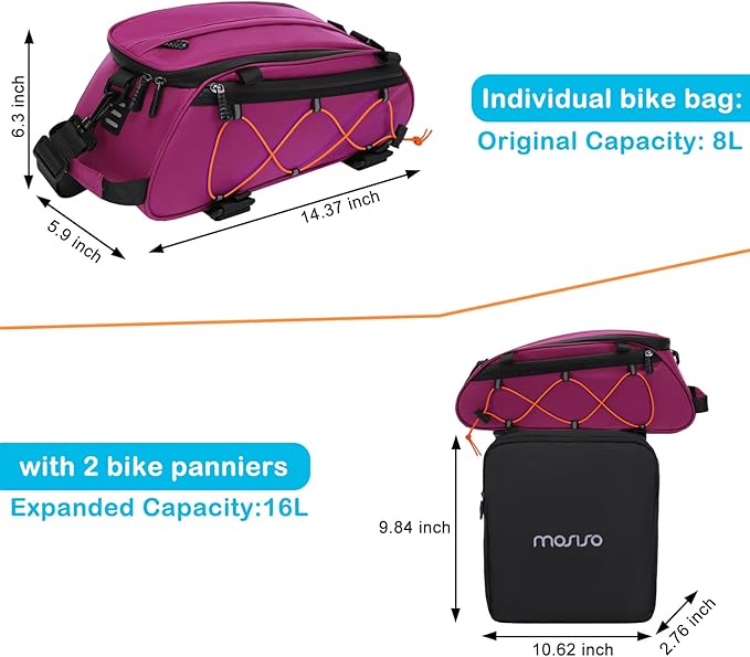 MOSISO Bike Rack Bag with 2 Removable Panniers, Waterproof Bike Trunk Cooler Storage Handbag Insulated Bicycle Rear Seat Pouch, Bicycle Storage Saddle Shoulder Bag Cycling Luggage Pouch, Rose Red-StrideForce Fitness