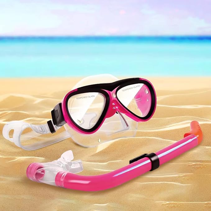 GreenLF Kids Snorkel Set, Anti-Fog Snorkeling Mask with Nose Covers for Youth Junior Child, Boys & Girls Age 5-12, Semi-Dry Diving Scuba Swimming Goggles Gear Packages-StrideForce Fitness