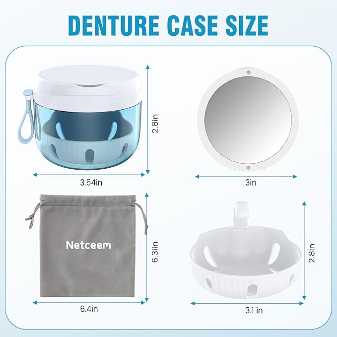 Denture Bath Box Cup, Leak Proof Denture Cup Kit Portable Retainer Case for Travel, Denture Case Cleaning Care for Dentures Aligner Mouth Guard with Denture Brush,Strainer, Removal Tool and Mirror