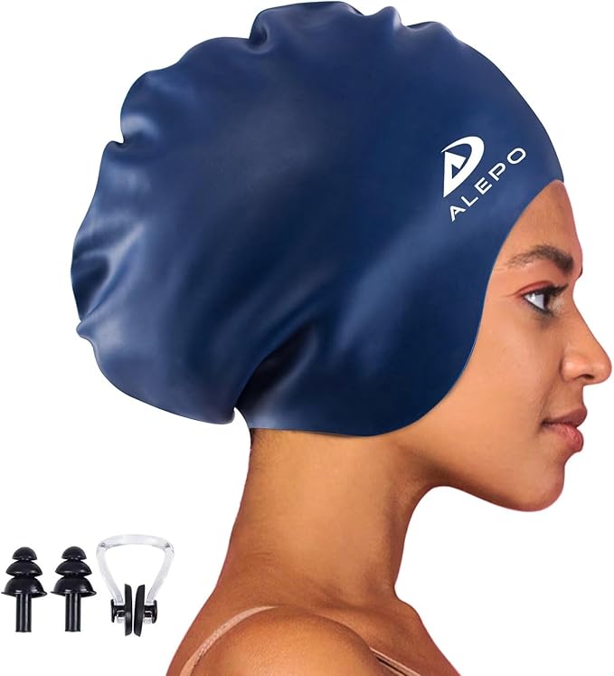 Alepo Extra Large Swim Cap for Women Men, Durable Silicone Swimming Hat with Ear Protection, Unisex Adults Bath Swimming Caps for Long Thick Curly Hair & Dreadlocks Braids Weaves Afro Hair-StrideForce Fitness