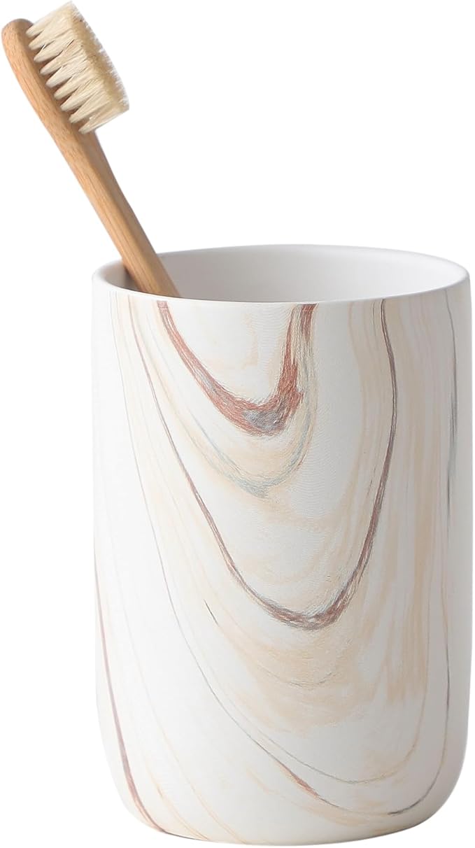 Brown Marble Toothbrush Holder - Ceramic Toothbrush Holder for Bathrooms, Toothbrush Toothpaste Holders, Marble Bathroom Tumbler Cups Reusable Toothbrush Mouthwash Cup, Bathroom Counter Organizer