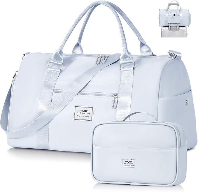 FIORETTO Womens Gym Tote Duffle Bag with Toiletry Bag, Sports Duffel Overnight Hospital Workout Carry on Bag for Girls with Wet Pocket & Shoe Compartment, Ideal for Travel, Swimming, Dance Grey-StrideForce Fitness