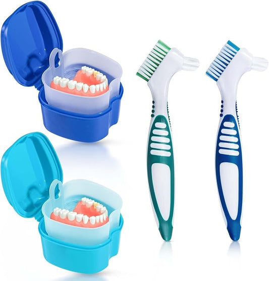 2 Pack Denture Bath Case Cup Box Holder Storage Container with Denture Cleaner Brush Strainer Basket for Travel Cleaning (Light Blue and Blue)