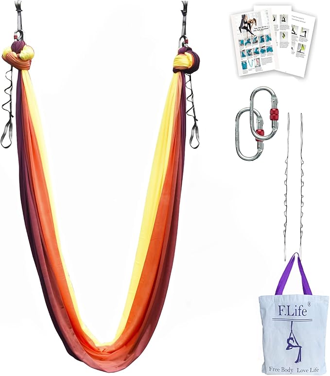 F.Life Aerial Yoga Hammock kit- Yoga Swing Multicolor 5 yards-Flying Yoga Include Daisy Chain,Carabiner and Pose Guide-StrideForce Fitness