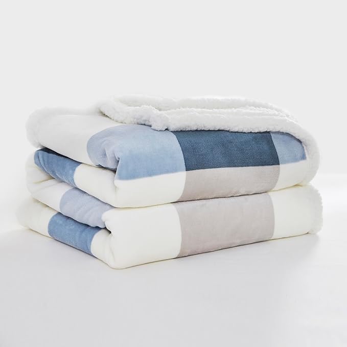 PU MEI Sherpa Fleece Throw Blanket 80" x 90" Full/Queen Reversible Plush Fluffy Extra Large Big Blanket Lattice Flannel Blankets for Sofa Couch Bed (Grey-Soft Blue, 80"*90")-StrideForce Fitness