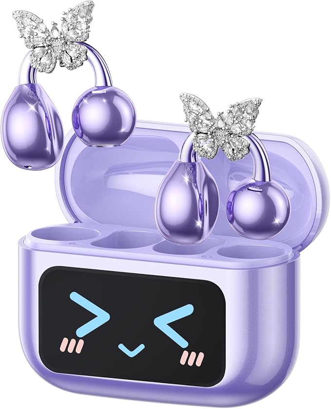 Stylish Open Ear Clip On Earbuds with Removable Butterfly Earring, Clip On Headphones with LCD Touch Screen, Fashionables Open Ear Headphones for Women, Butterfly Earring Purple Earbuds-StrideForce Fitness