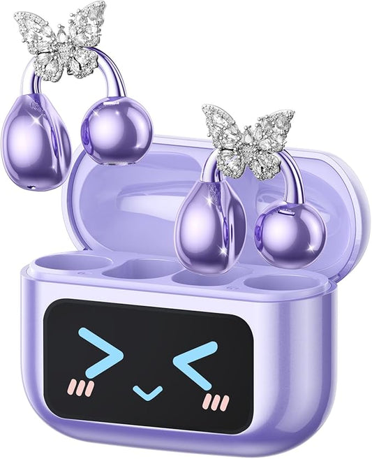 Stylish Open Ear Clip On Earbuds with Removable Butterfly Earring, Clip On Headphones with LCD Touch Screen, Fashionables Open Ear Headphones for Women, Butterfly Earring Purple Earbuds-StrideForce Fitness