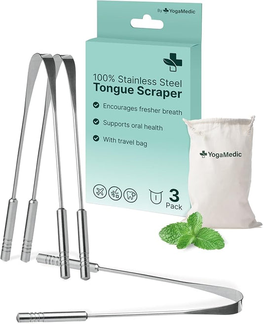 YogaMedic Tongue Scraper for Adults & Kids, 100% Stainless Steel Cleaner - Tongue Cleaners with Travel Case, Personal Care Products, Oral Dental Care, Bad Breath Treatment for Adults, U Shape, 3 Pack