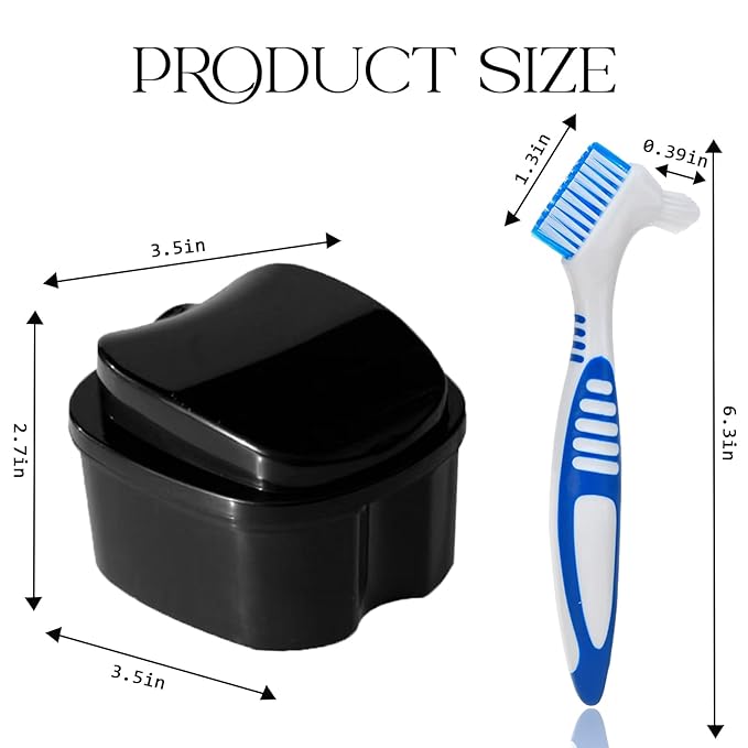 5PCS Denture Bath Case Cup Kit Denture Brush Kit Denture Cleaning Tools with 3 Denture Brushes and 2 Denture Storage Cases with Strainer Basket and Lid, Black and White