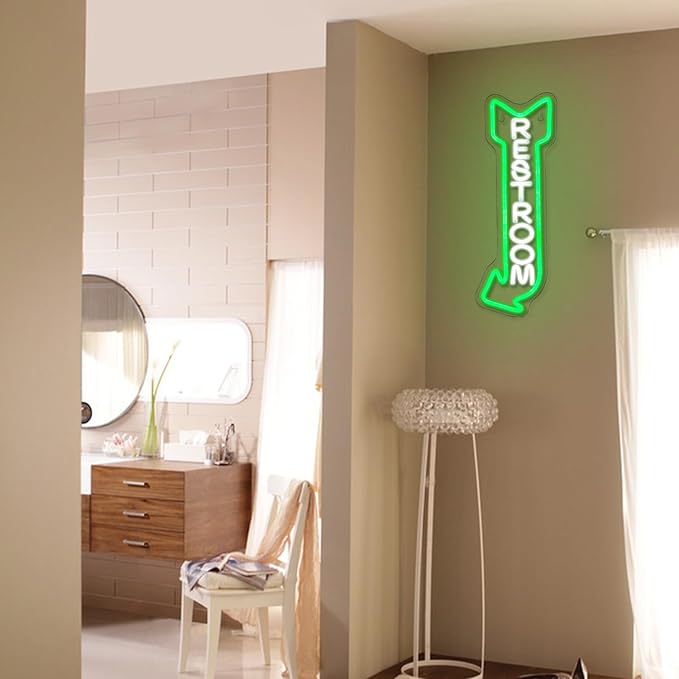 Restroom Neon Sign for Wall Decor Toilet Neon Light Arrow Led Neon Lights White Green Led Neon Signs for Hotel Bar Hospital Mall Store Office Decoration(16.9”*6.3”)-StrideForce Fitness