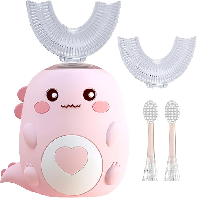 Kids U Shaped Electric Toothbrush with 4 Brush Heads, 360° Sonic Automatic Toothbrush with 3 Cleaning Modes, IPX7 Waterproof Cartoon Dinosaur Design (Ages 2-12)