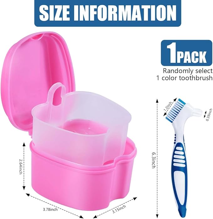 Pink Denture Bath Case Cup Box Holder Storage Container with Denture Cleaner Brush Strainer Basket for Travel Cleaning