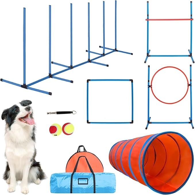 Dog Agility Course Backyard Set Dog Agility Equipment Obstacle Course Backyard Includes Adjustable High Hurdle,6 Weave Poles,Extended Tunnel,Jump Ring,Square Pause Box,2 Balls,Whistle,2 Carrying Bags-StrideForce Fitness