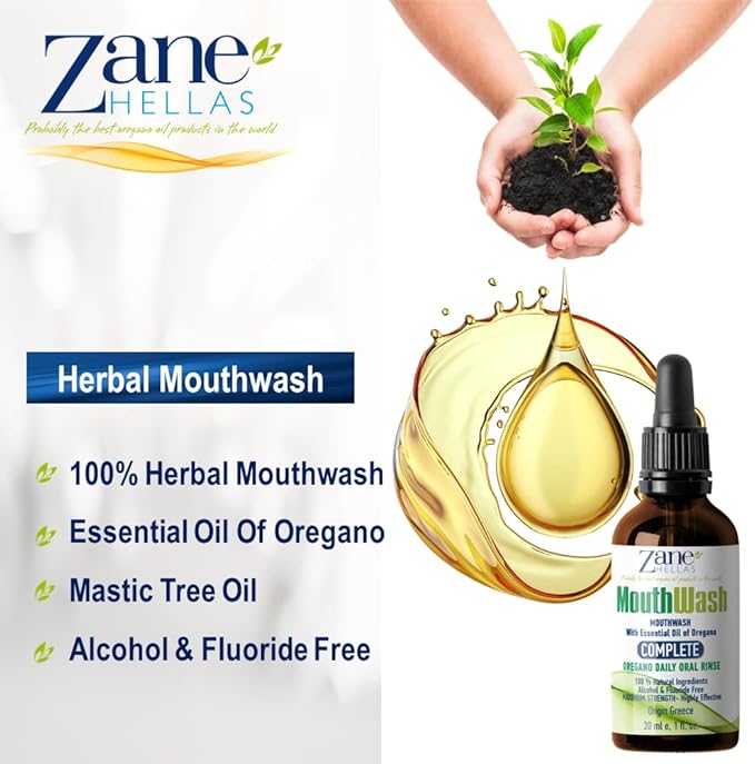 Zane Hellas MouthWash. Oral Rinse with Oregano Oil Power. Ideal for Gingivitis, Plaque, Dry Mouth, and Bad Breath. Alcohol and Fluoride Free. 100% Herbal Solution. 1 fl.oz.-30ml.