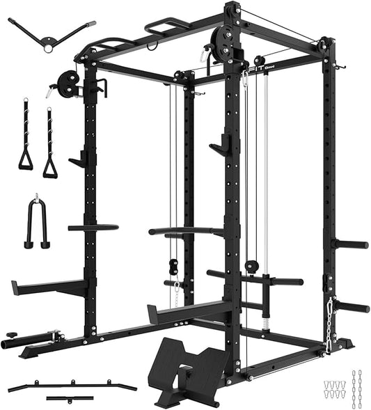 Eonfit E2 Power Cage，1500LB Squat Rack with Cable Crossover System.Multi-Function Power Rack for Home Gum.All-in-One Squat Rack with More Training Attachments-StrideForce Fitness