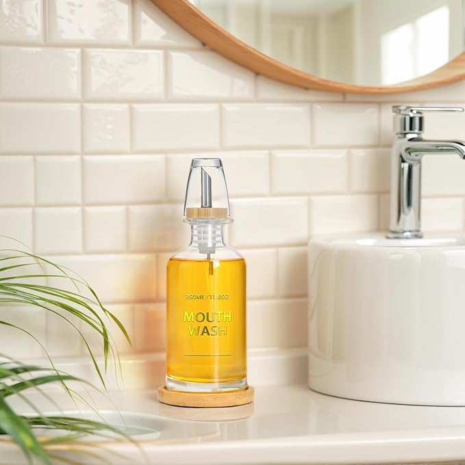Mouthwash Dispenser for Bathroom 11.8oz – Clear Glass Mouthwash Bottle with Bamboo Tray, Silicone Base, Gold Hot-Stamped Lettering, Refillable Mouthwash Container for Bathroom (Clear)