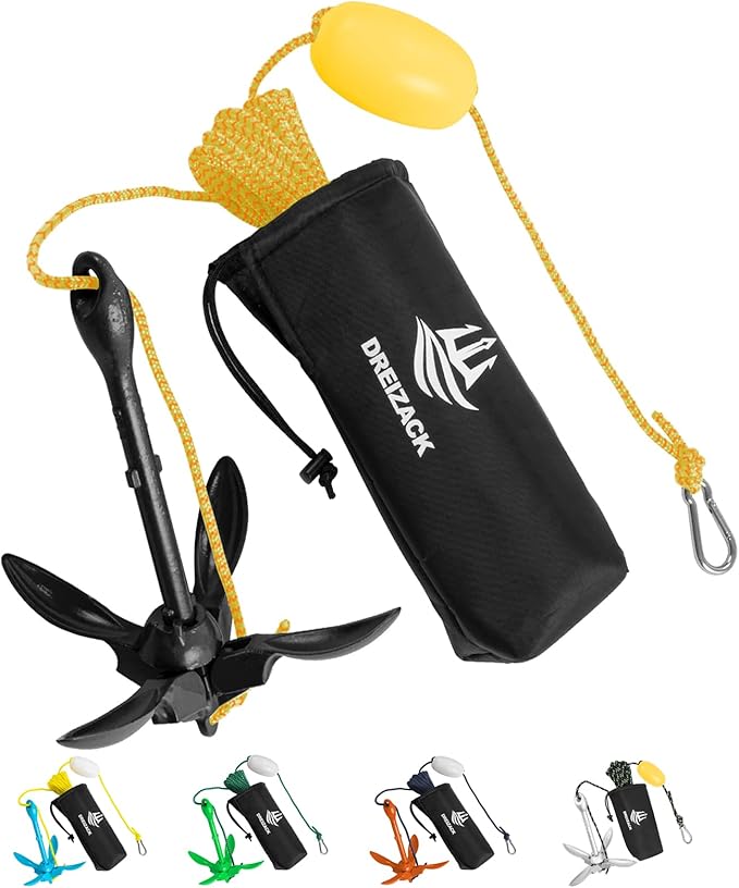 Dreizack Kayak Anchor Kit, 3.5 lb Folding Grapnel Boat Anchor Trolley Accessories with 40ft Rope and PVC Buoy for Fishing Kayaks SUP Paddle Boards Canoes Jet Ski PWC Inflatable Small Boats-StrideForce Fitness