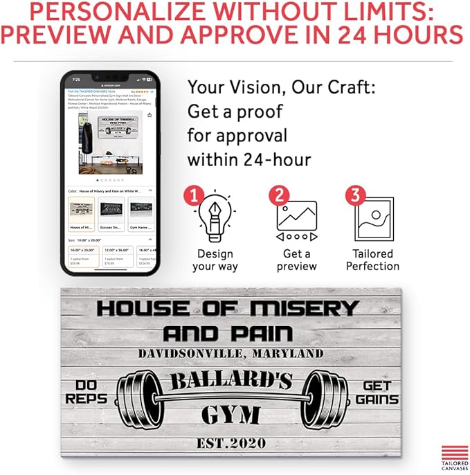 Tailored Canvases Personalized Gym Sign Wall Art Decor - Motivational Canvas for Home Gym, Workout Room, Garage, Fitness Center - Workout Inspirational Posters - House of Misery and Pain, White Wood 20x10in-StrideForce Fitness