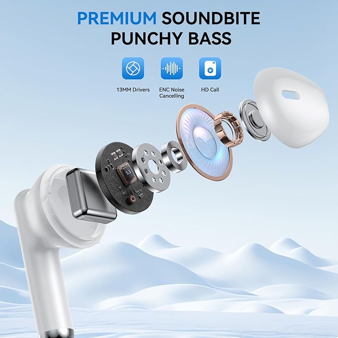 Wireless Earbuds, 2025 Bluetooth 5.4 Bass Stereo Headphones with 4 ENC Mic, 50H Playback Ear Buds with Charging Case LED Display,Sport Earphones IPX7 Waterproof for Phone, Android, Pad, White-StrideForce Fitness