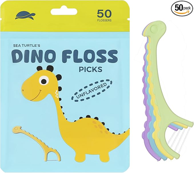 Sea Turtle Kids Dino Floss Picks - Corn Starch Handle - Thin Thread Tooth Dental Flossers - Unflavored (50)