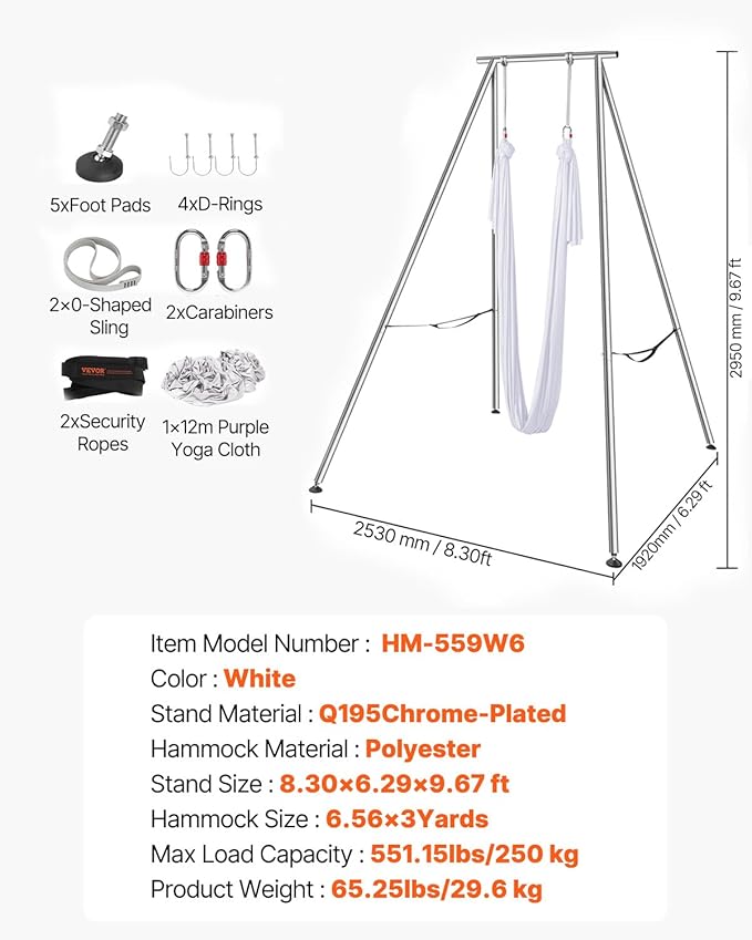 VEVOR Aerial Yoga Frame, 9.67 ft Height Swing Stand, Max 551.15 lbs Load Chrome-Plated Steel Pipe Inversion Yoga Rig for Indoor Outdoor Use-StrideForce Fitness
