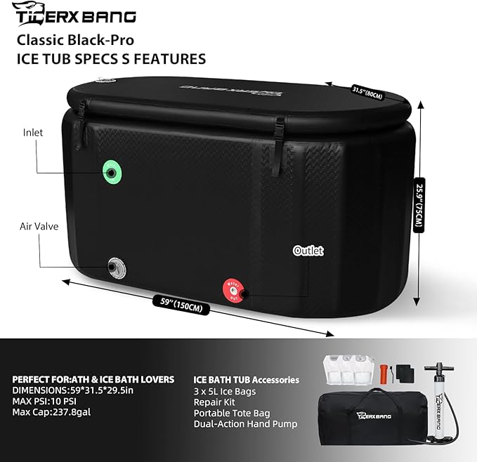 Ice Bath Tub,Inflatable Cold Plunge Tub, Water Chiller Compatible, 237.8Gallon Portable Ice Plunge Tub for Athletes, Adult Ice Bath Enthusiasts (Classic Black-Pro)-StrideForce Fitness