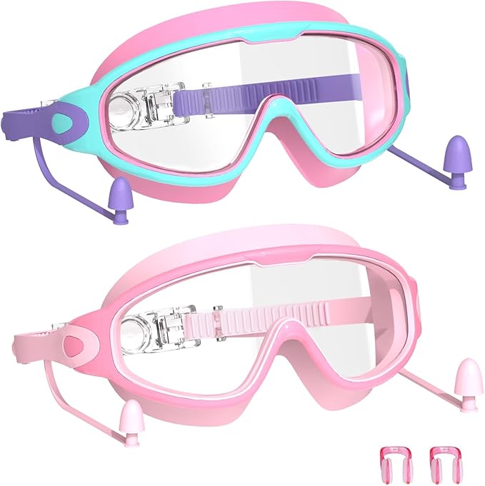 Swim Goggles for Kids 3-15 with Earplugs Large Frame Anti-Fog/UV Swimming Goggles for Boys Girls Toddler 2PCS-StrideForce Fitness