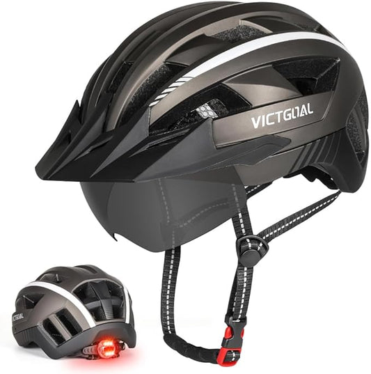 VICTGOAL Bike Helmet for Men Women with Led Light Detachable Magnetic Goggles Removable Sun Visor Mountain & Road Bicycle Helmets Adjustable Size Adult Cycling Helmets-StrideForce Fitness