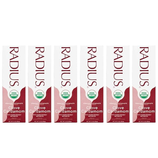 RADIUS USDA Organic Toothpaste 3oz Non Toxic Chemical-Free Gluten-Free Designed to Improve Gum Health & Prevent Cavity - Clove Cardamom - Pack of 6