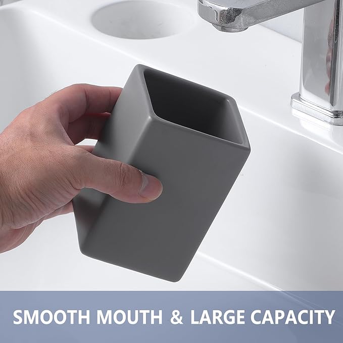 Grey Square Toothbrush Holders - Ceramic Toothbrush Holders for Bathrooms, Toothbrush Toothpaste Holders, Marble Bathroom Tumbler Cups Reusable Toothbrush Mouthwash Cup, Bathroom Counter Organizer