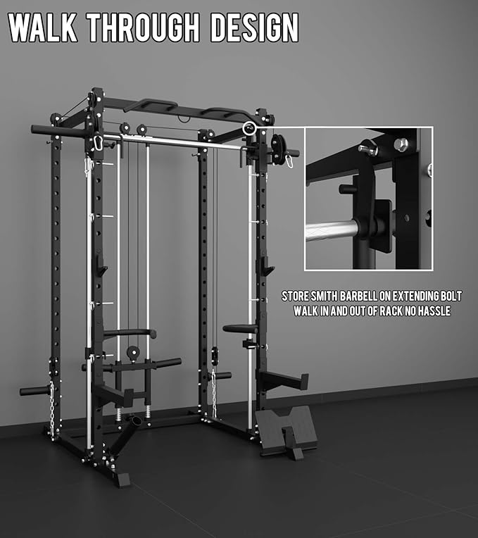 Eonfit E3 Smith Machine with 360°Rotating Arm for Home Gym Equipment, Multi-Function Power Cage Squat Rack with Cable Crossover LAT Pulldown Pulley System All in One-StrideForce Fitness