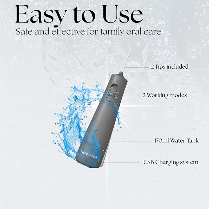 HydroAdvance Cordless Water Flosser for Teeth & Gums | Rechargeable Portable Oral Irrigator for Braces & Travel | Pulse Cleaning with 2 Flossing Tips | Waterproof Dental Care Device (Gray)