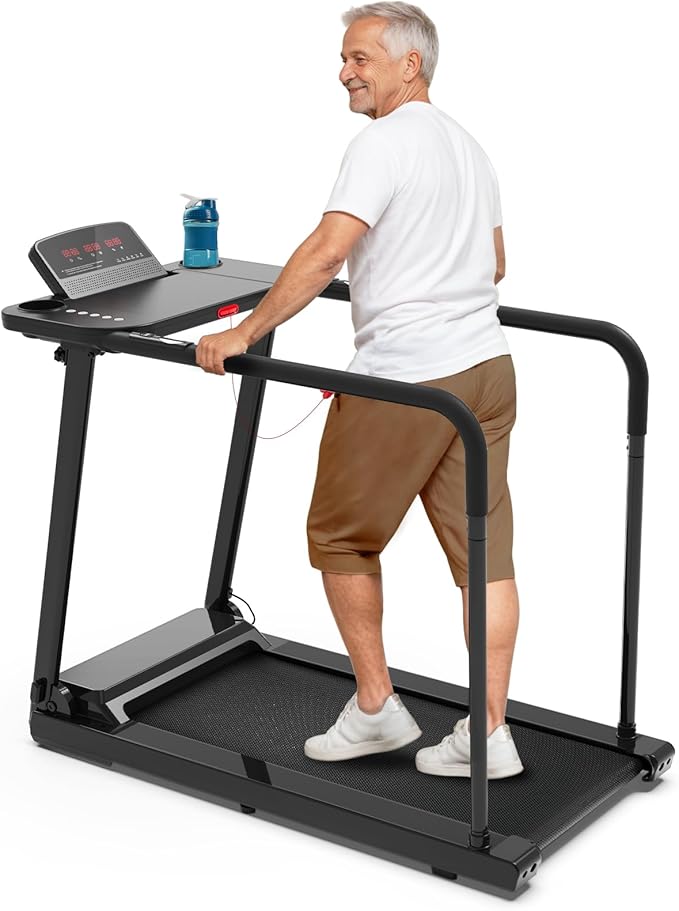 Redliro Treadmill for Seniors with Long Handrails - Recovery Machine for Walking 300 lbs Weight Capacity - Walking Treadmill Elderly with Desk & Cup Holder (Glossy Black)-StrideForce Fitness