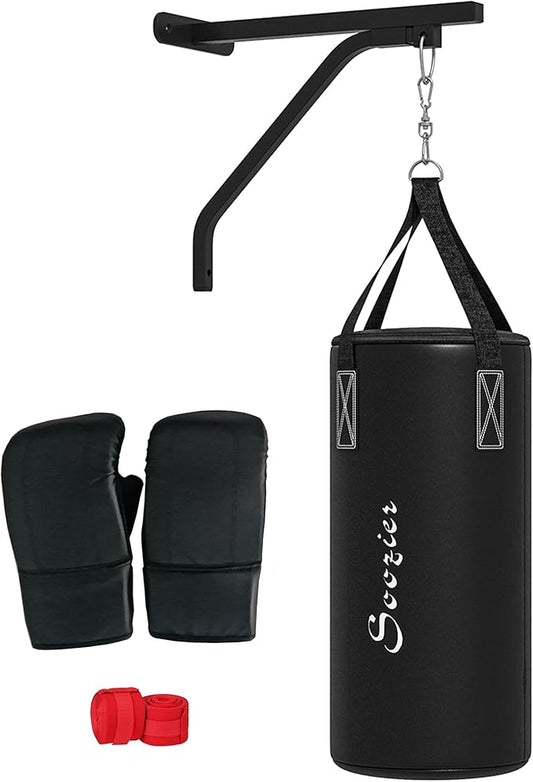 Soozier Unfilled Punching Bag for Adults, Heavy Bag Wall Mount Set with Bracket, Boxing Gloves, Hand Wraps and 360° Swivel Hook for Muay Thai and MMA Training-StrideForce Fitness
