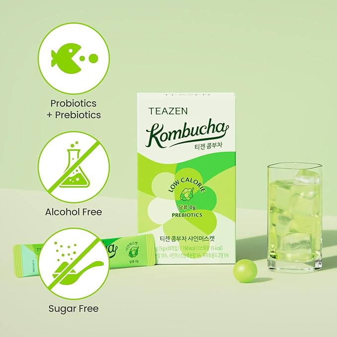 TEAZEN Shine Muscat Kombucha Tea, Electrolyte Powder & Hydration Drink Mix, Sugar Free, Live Probiotics & Prebiotics, 10 Sticks, 1.76oz-StrideForce Fitness