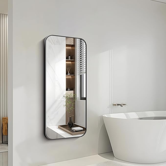FORBATH Bathroom Mirror 20" x 48", Rectangle Black Bathroom Mirror with Black Aluminum Frame Rounded Corner, Wall Mounted Mirror for Bedroom Entryway Living Room-StrideForce Fitness